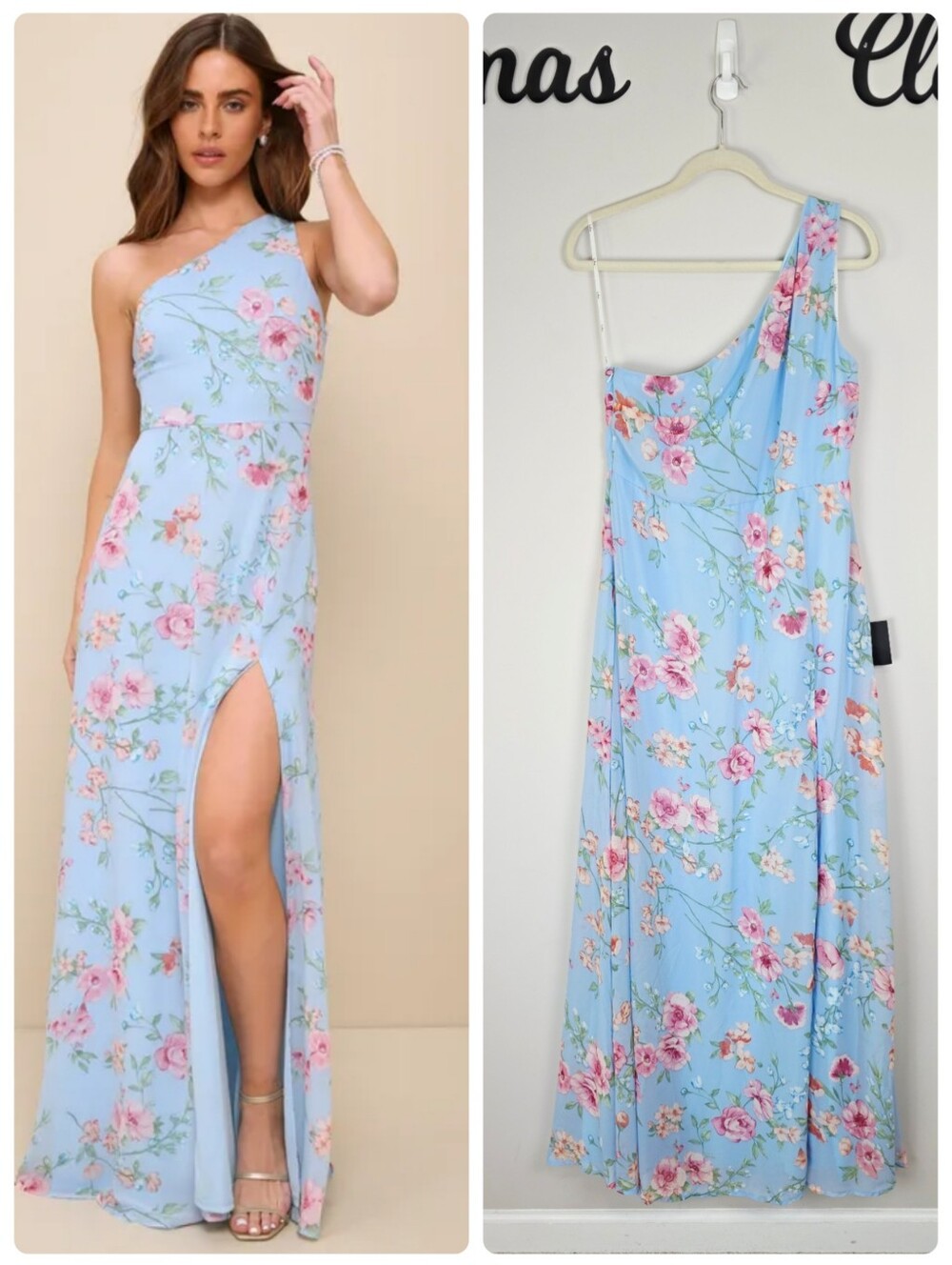 Lulus Elegant Admiration Light Blue Floral One-Shoulder Maxi Dress Size XL NWT